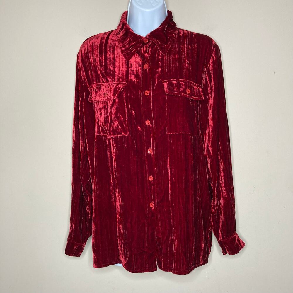 Boston Proper S Red Crushed Velvet Button Front Blouse Long Sleeve Collared NWT